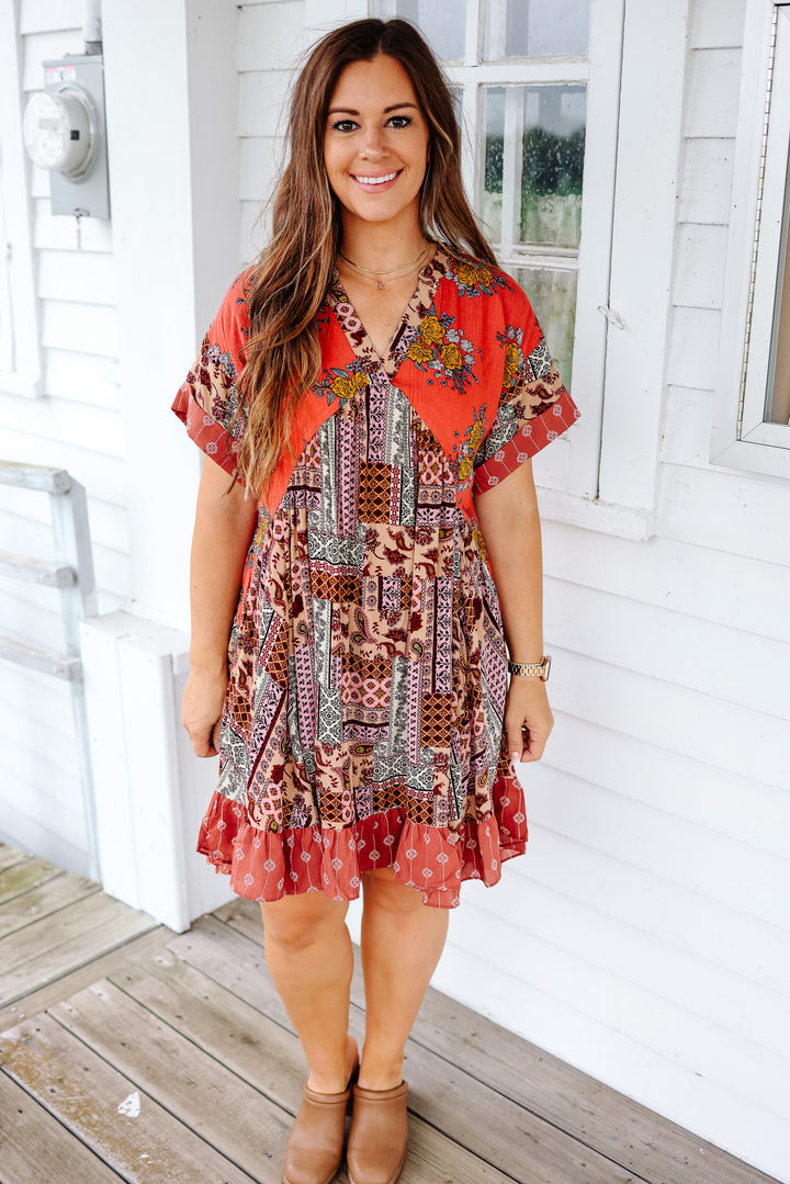 Emery Multi Print Dress - Brick