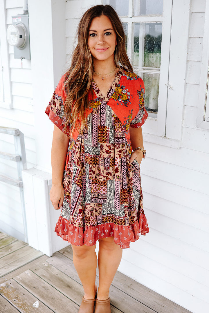 Emery Multi Print Dress - Brick