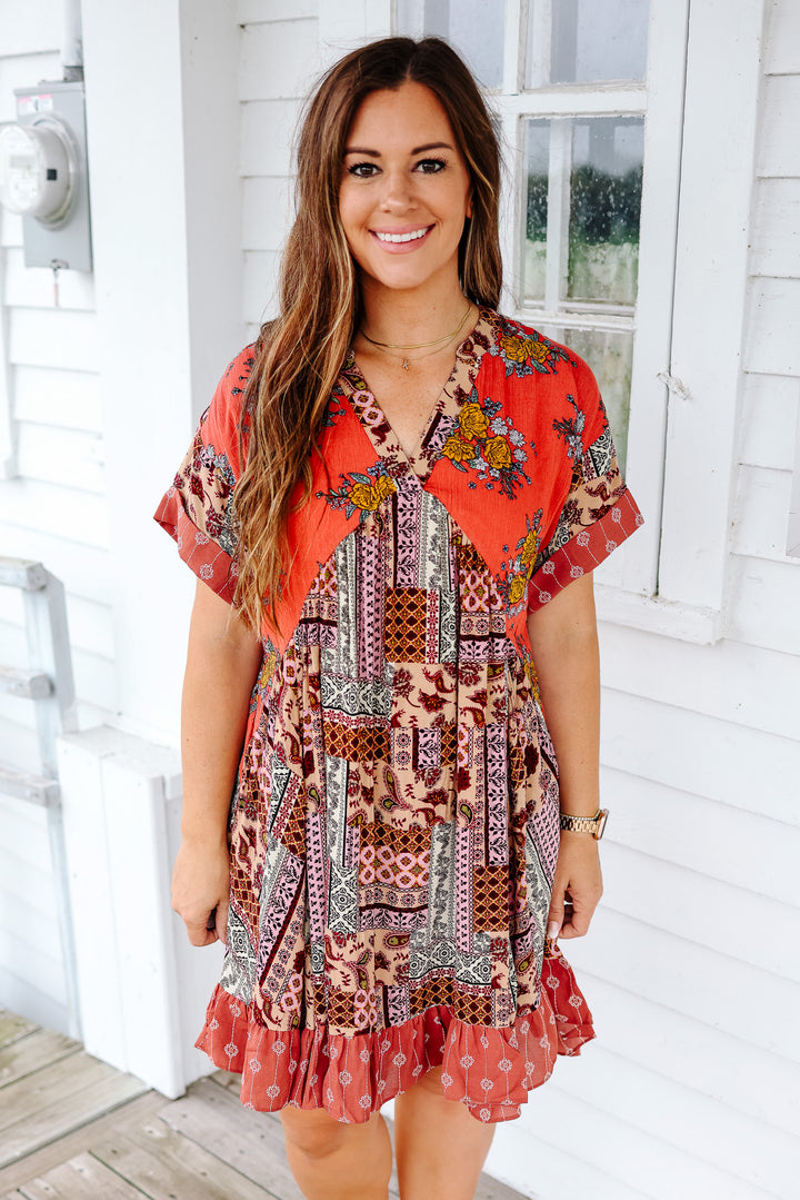 Emery Multi Print Dress - Brick