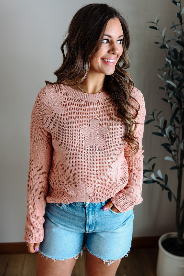 Demi Flower Open Work Sweater - Apricot