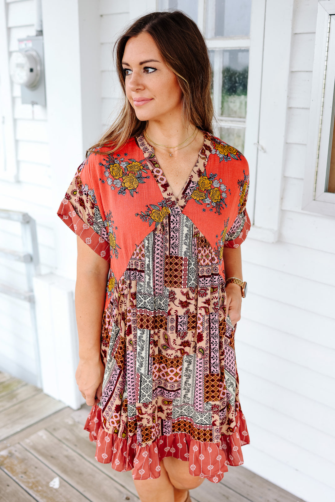 Emery Multi Print Dress - Brick