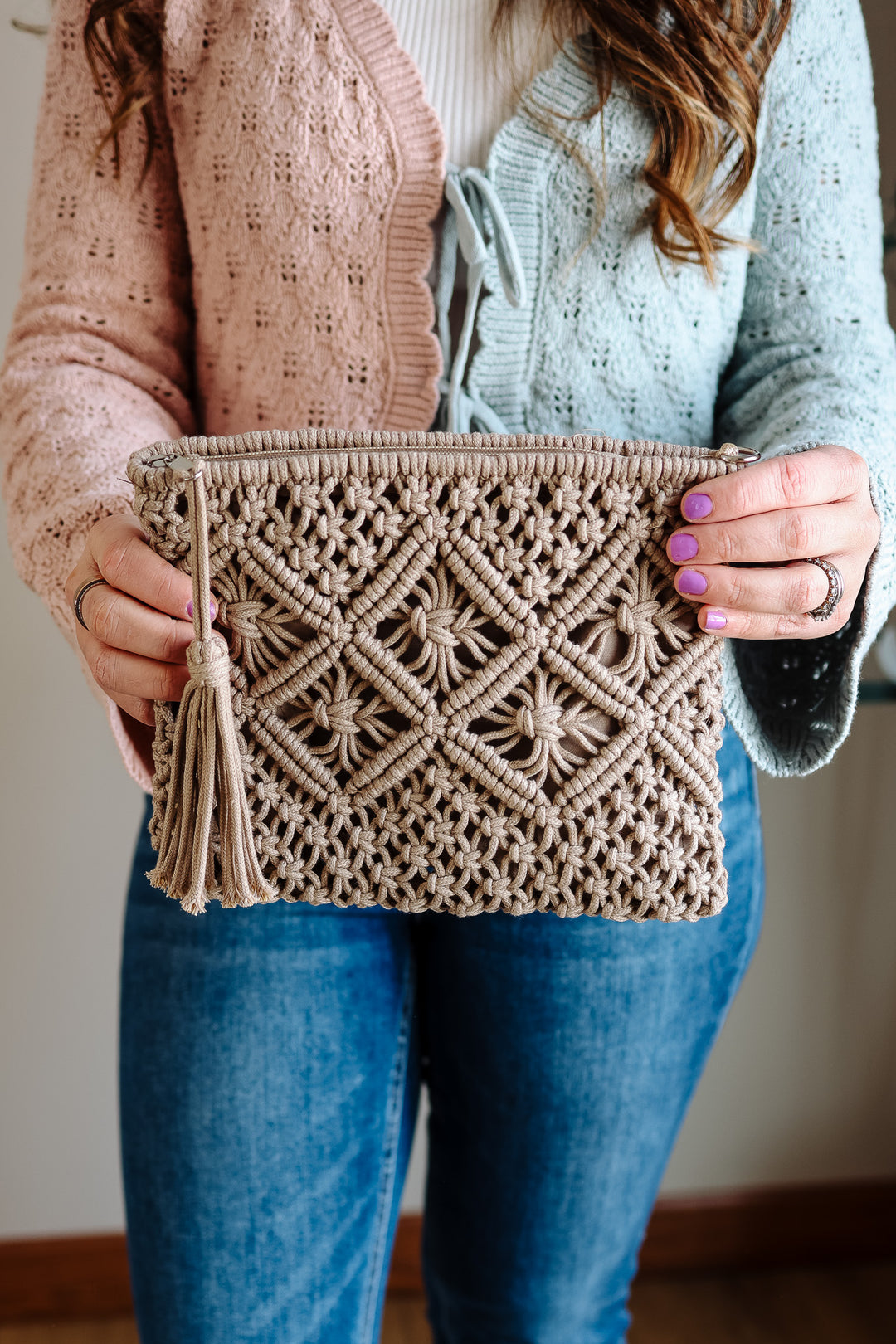 Woven Bohemian Tassel Crochet Clutch - Ash Mocha