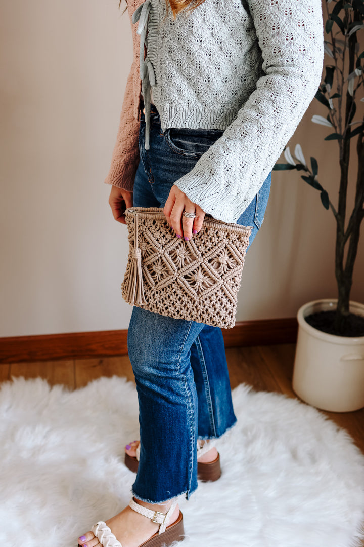 Woven Bohemian Tassel Crochet Clutch - Ash Mocha