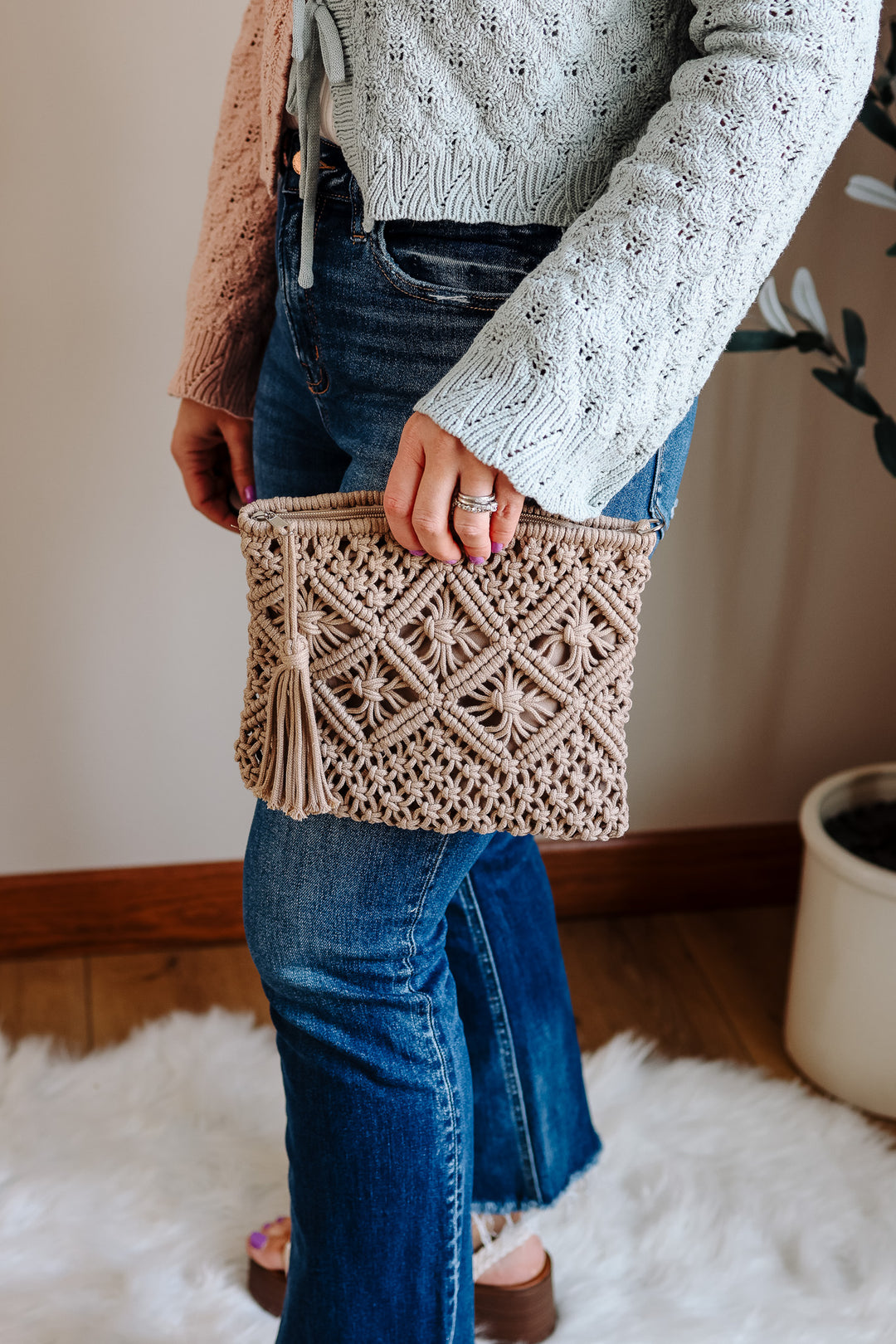 Woven Bohemian Tassel Crochet Clutch - Ash Mocha