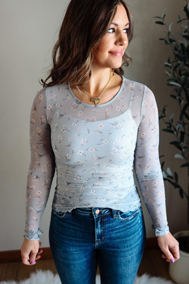 Meadow Floral Mesh Top - Dusty Blue