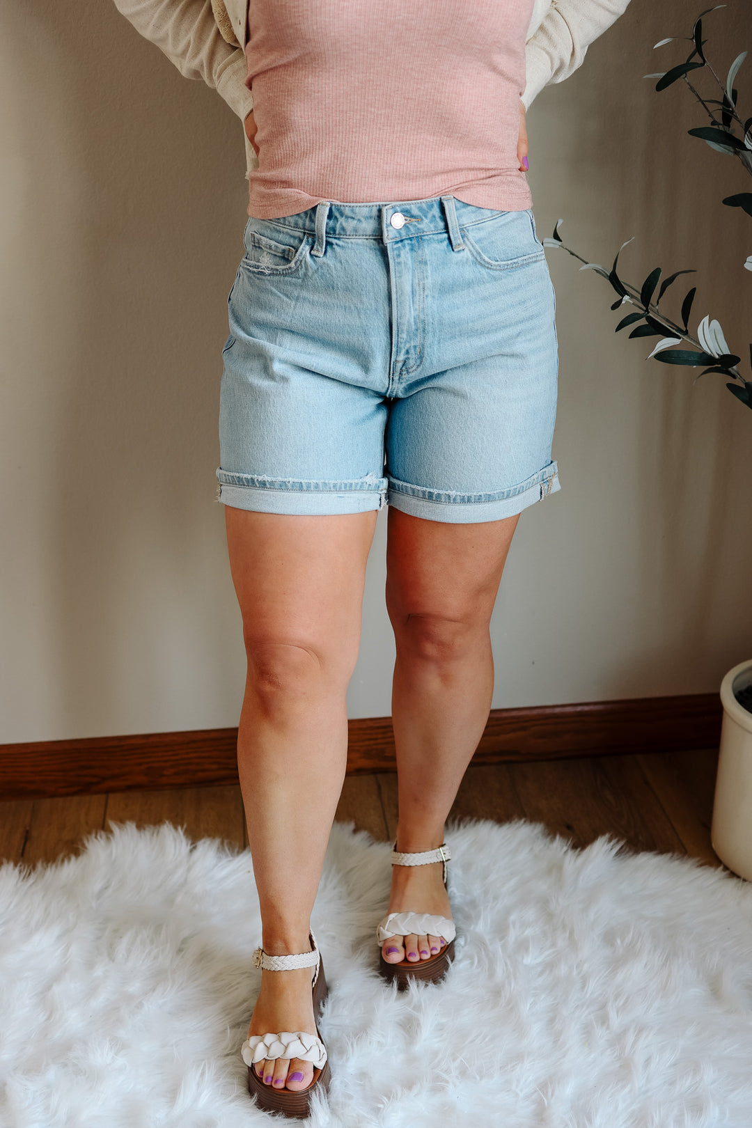 VERVET: Lennox High Rise Midi Denim Shorts