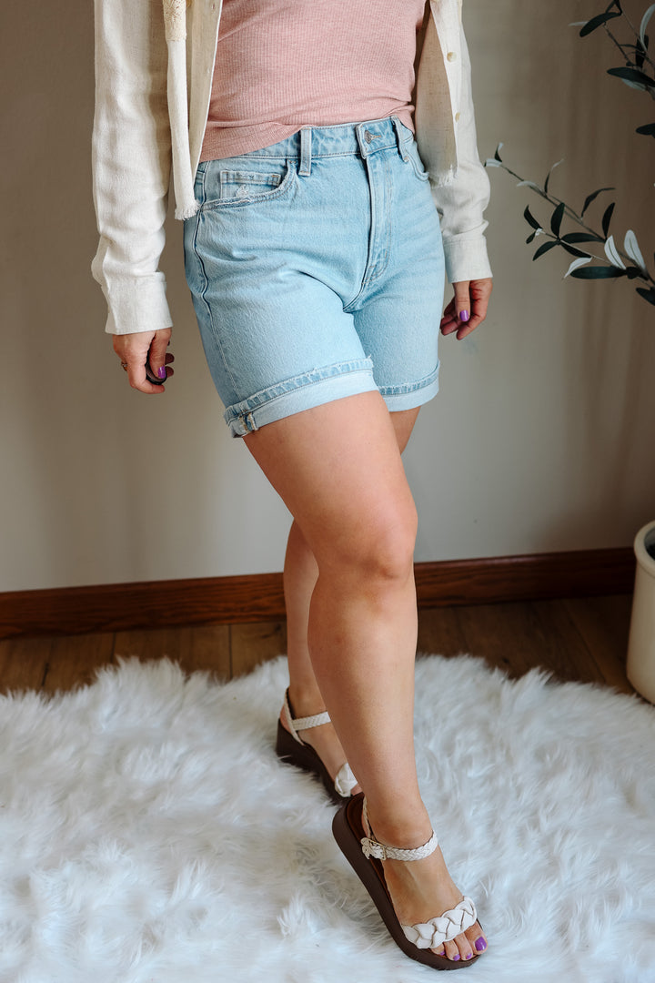 VERVET: Lennox High Rise Midi Denim Shorts