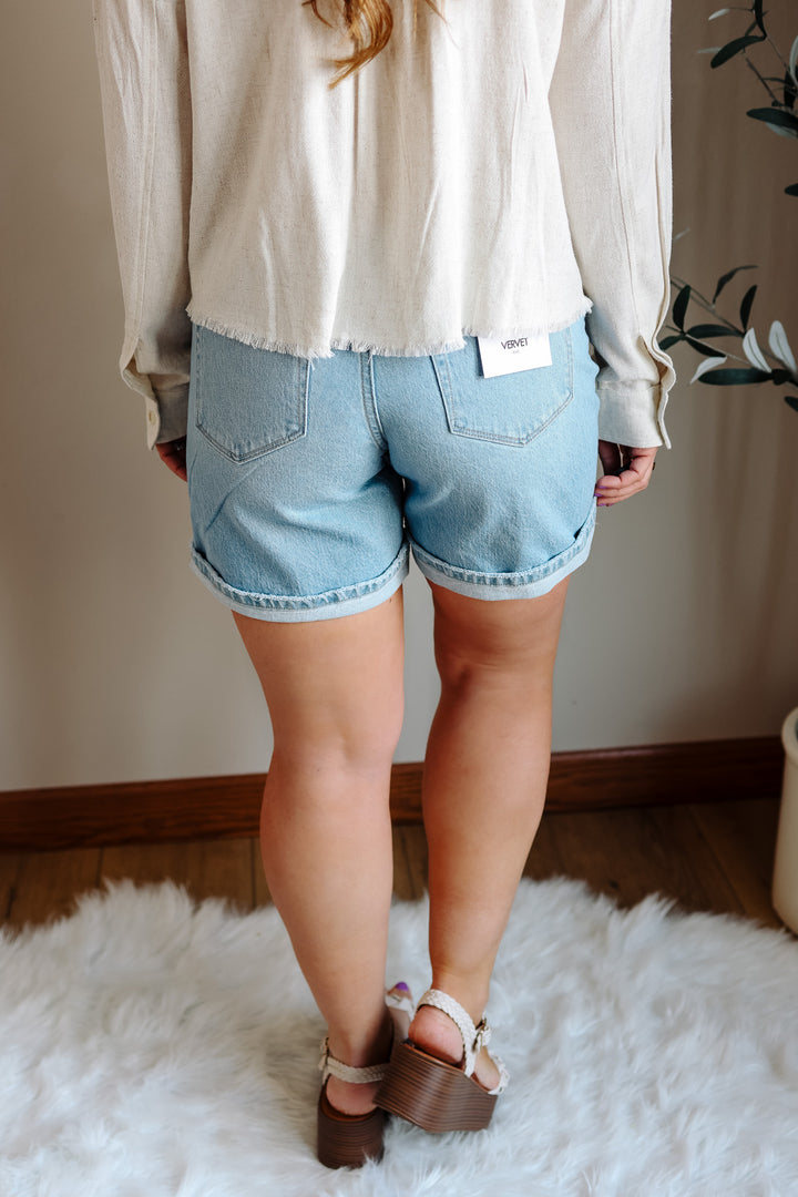 VERVET: Lennox High Rise Midi Denim Shorts