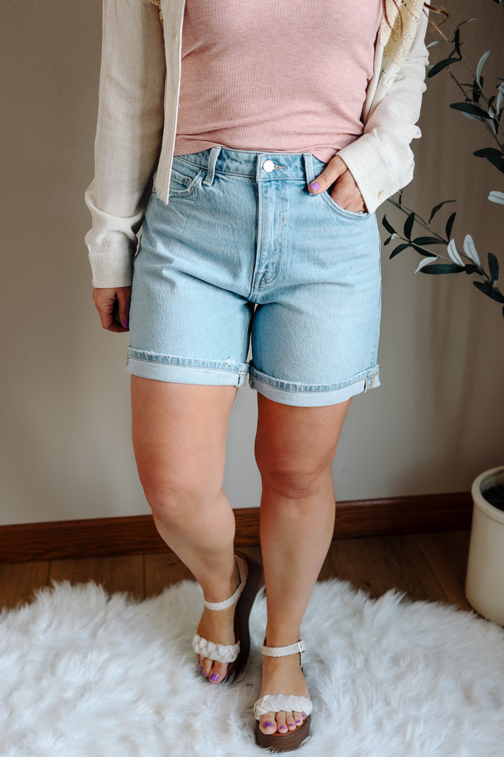 VERVET: Lennox High Rise Midi Denim Shorts