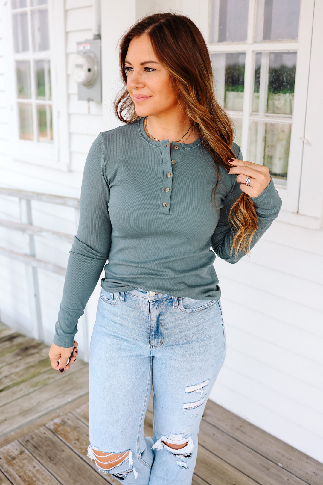 Audrey Ribbed Henley - Teal