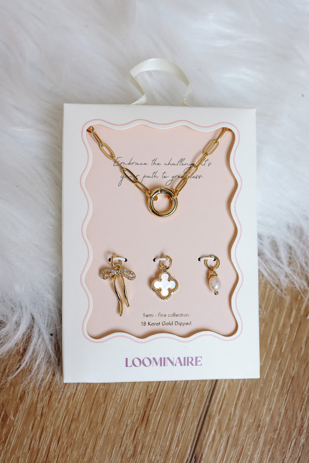 Gold Dipped Bow Charm Necklace with Clover and Pearl