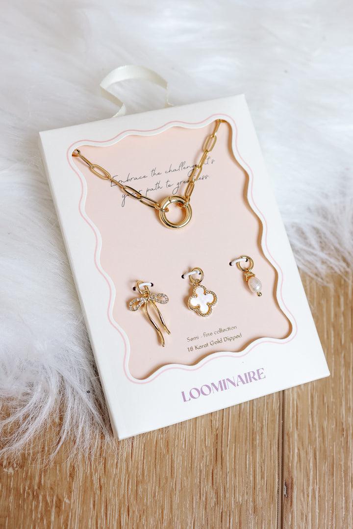 Gold Dipped Bow Charm Necklace with Clover and Pearl