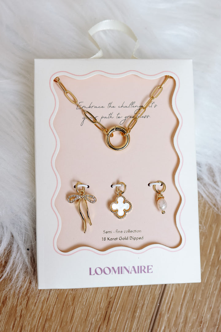 Gold Dipped Bow Charm Necklace with Clover and Pearl