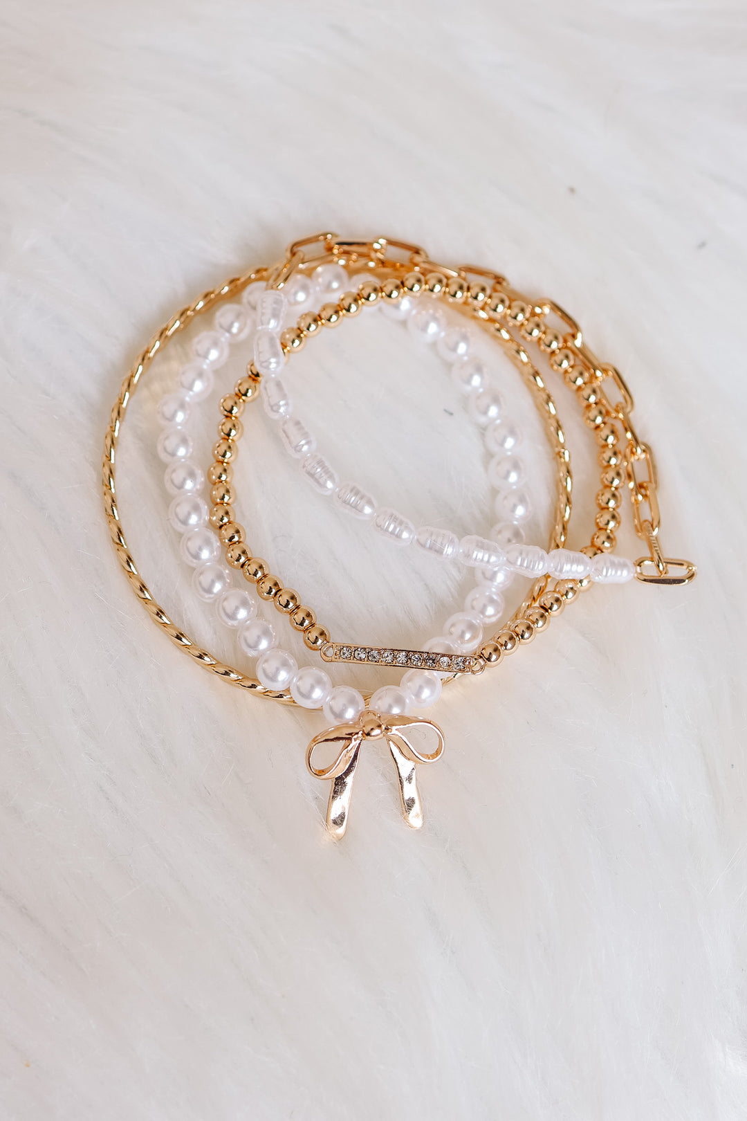 Bow Pearl Rhinestone Bar Stretch Bangle Set