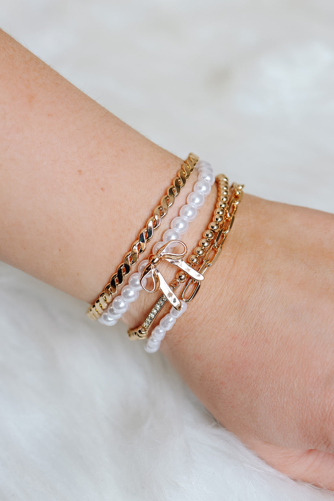 Bow Pearl Rhinestone Bar Stretch Bangle Set