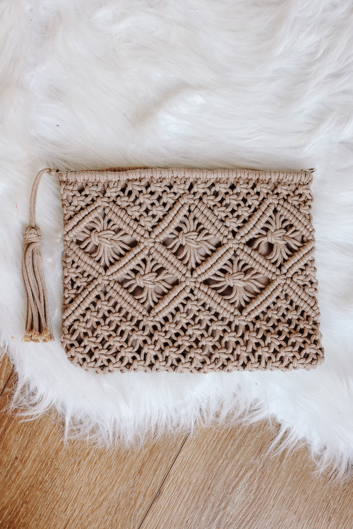 Woven Bohemian Tassel Crochet Clutch - Ash Mocha