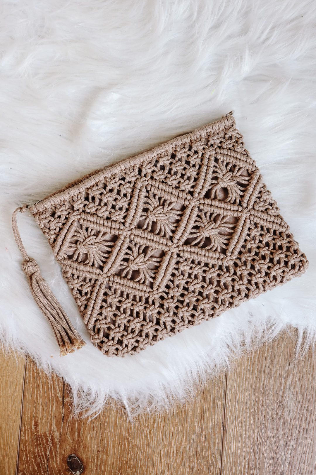 Woven Bohemian Tassel Crochet Clutch - Ash Mocha