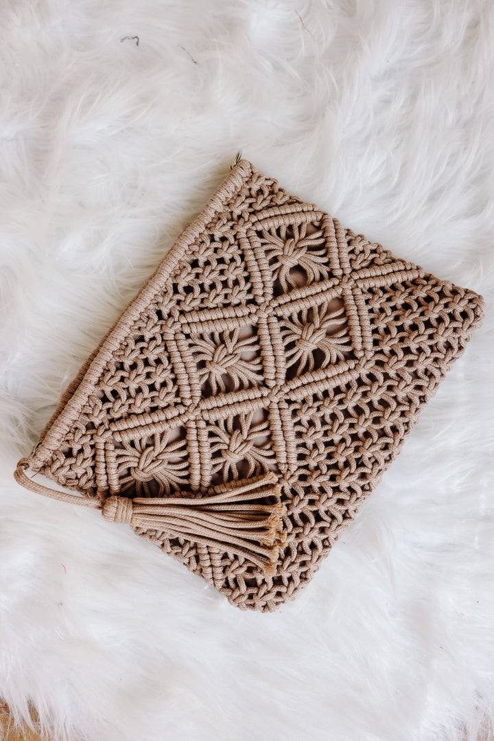 Woven Bohemian Tassel Crochet Clutch - Ash Mocha