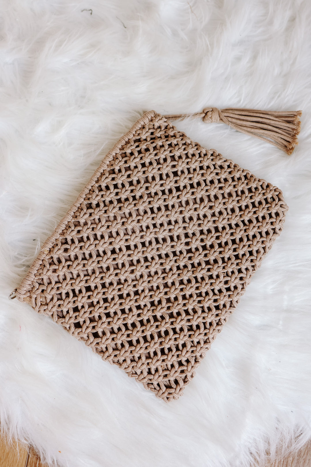 Woven Bohemian Tassel Crochet Clutch - Ash Mocha