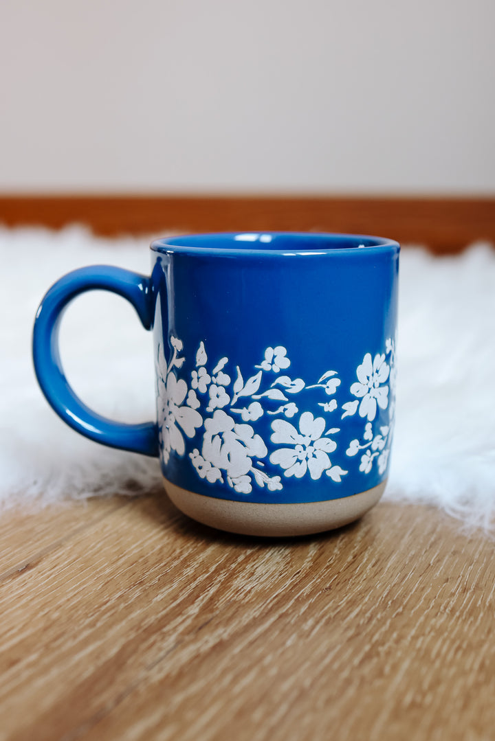 Blue Floral Stoneware Coffee Mug