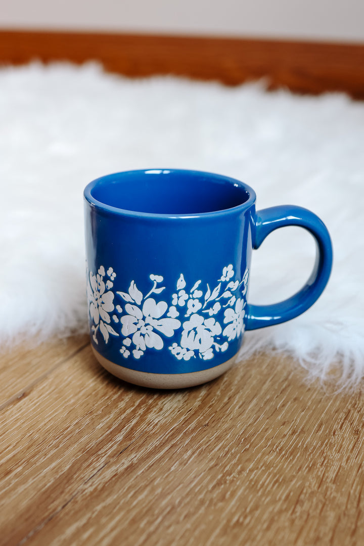 Blue Floral Stoneware Coffee Mug