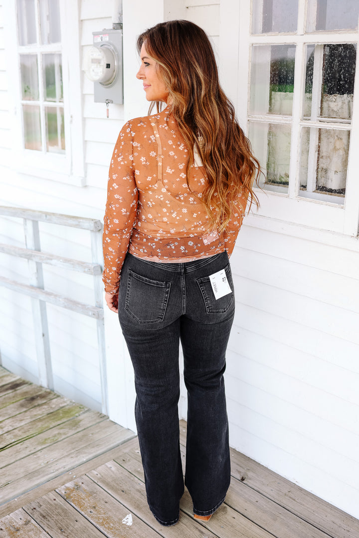 Esme Floral Lace Mesh Top - Caramel