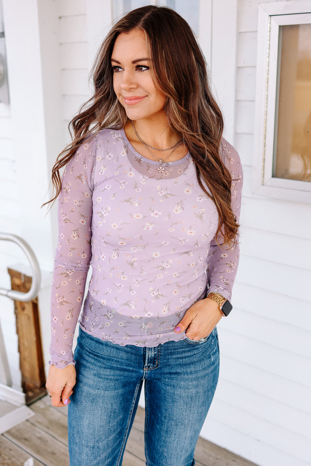 Meadow Floral Print Mesh Top - Lavendar