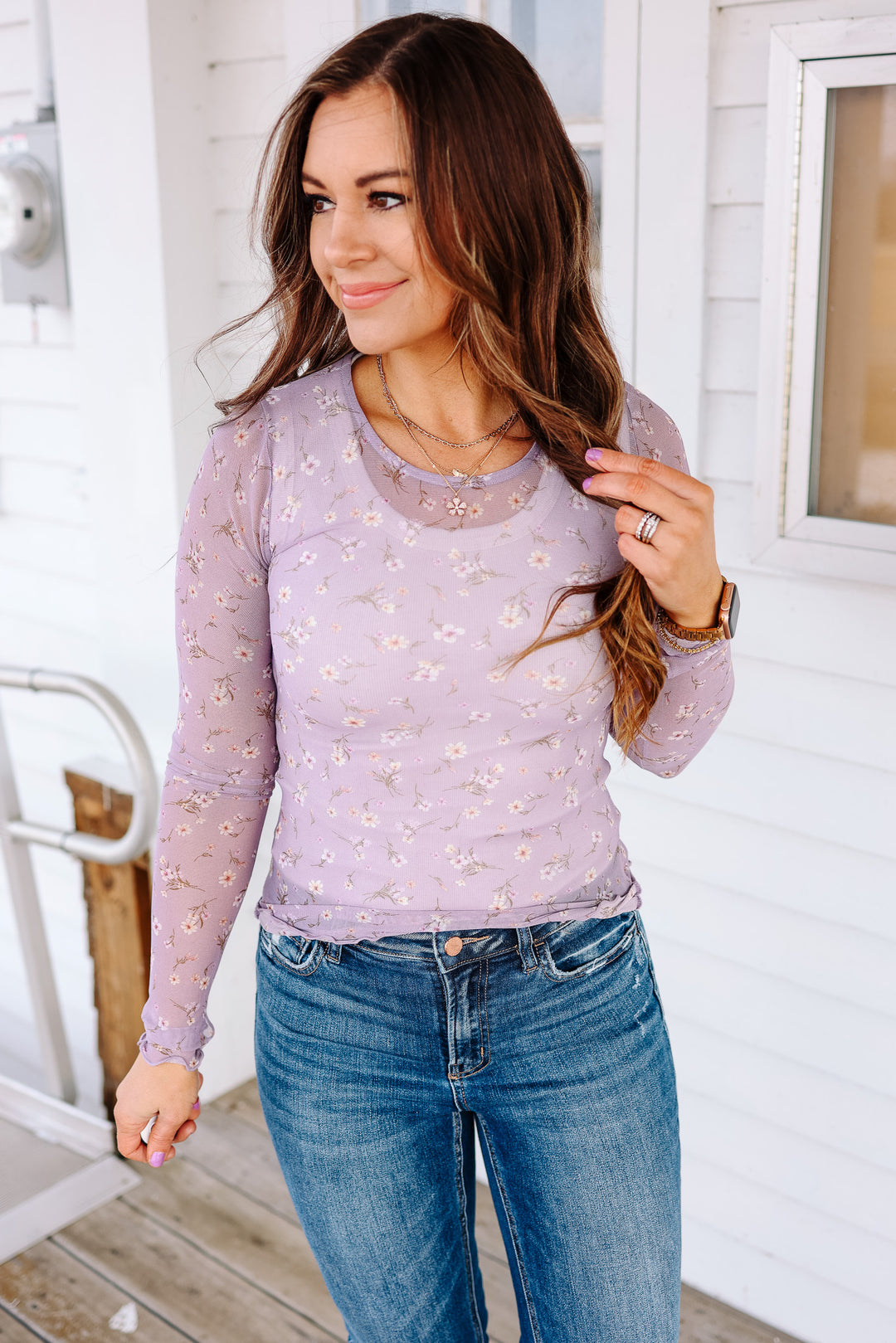 Meadow Floral Print Mesh Top - Lavendar