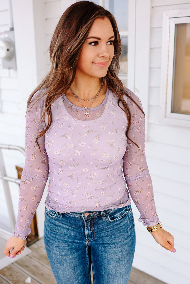 Meadow Floral Print Mesh Top - Lavendar