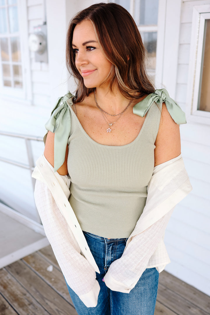 Louise Shoulder Tie Tank -  Sage