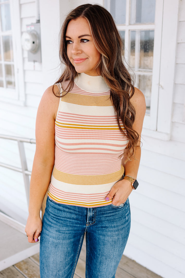 Tia Stripe Turtleneck Tank - Mauve