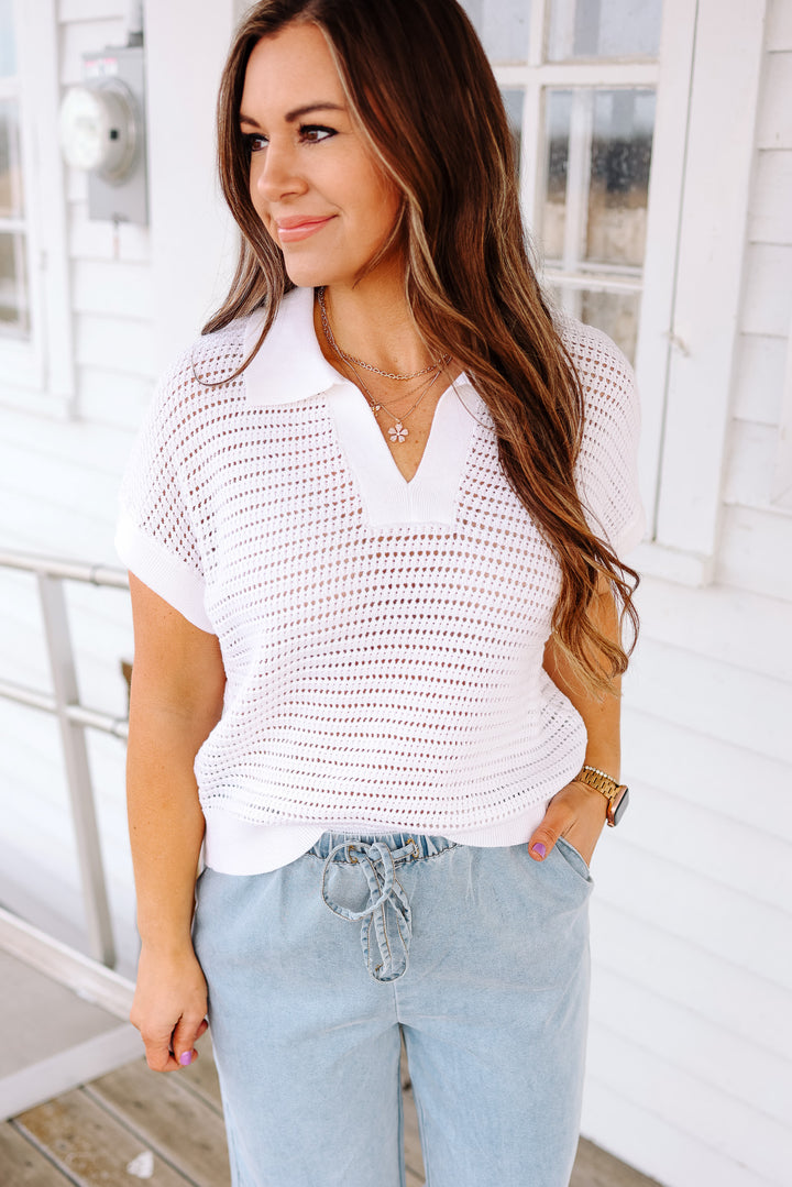 Nova V Neck Sweater Knit Top - Off White