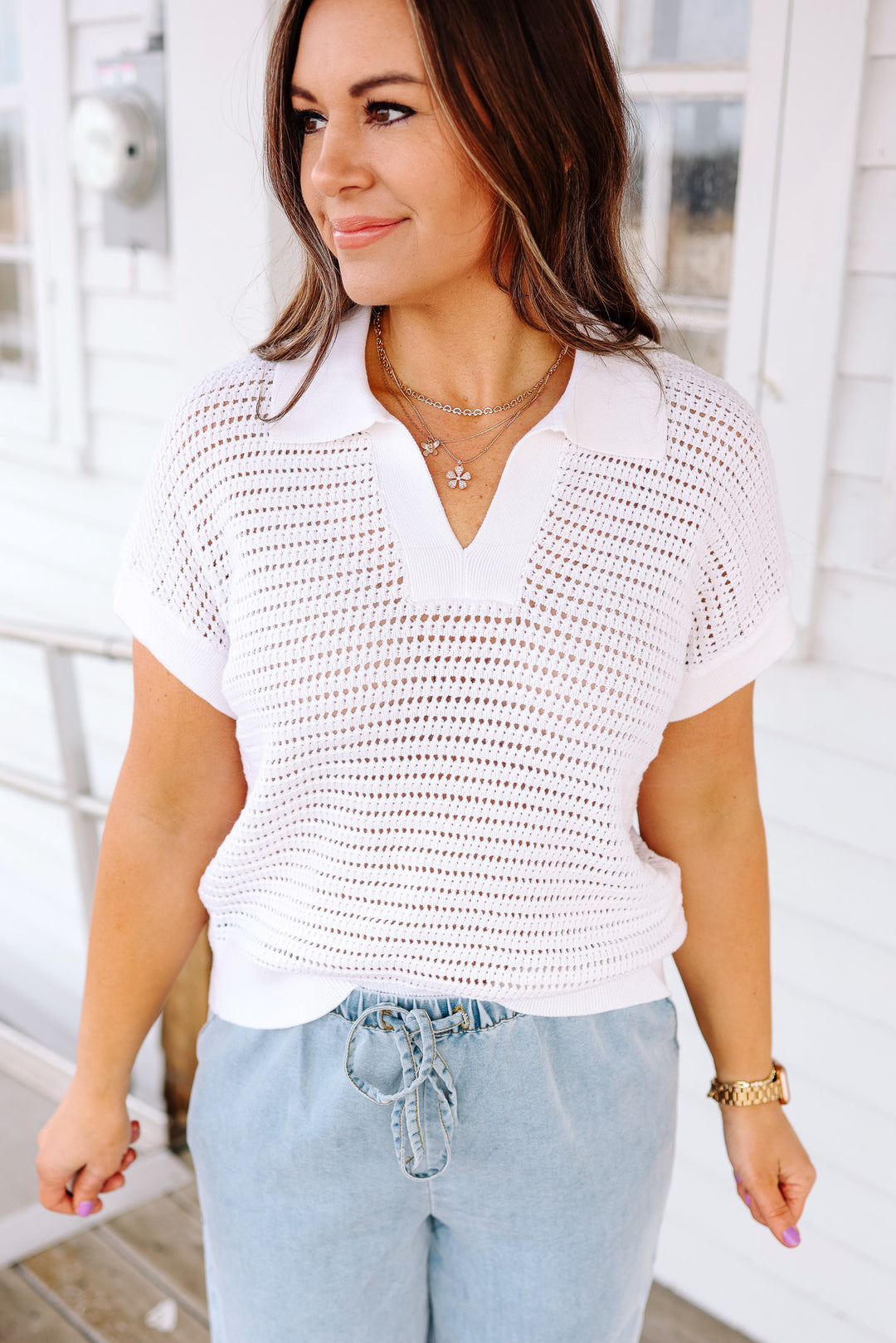 Nova V Neck Sweater Knit Top - Off White