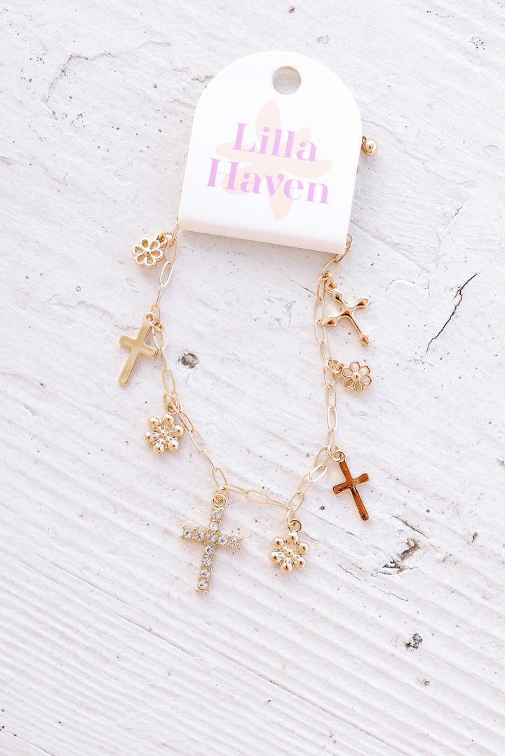 Cross and Floral Pendants Charm Bracelet