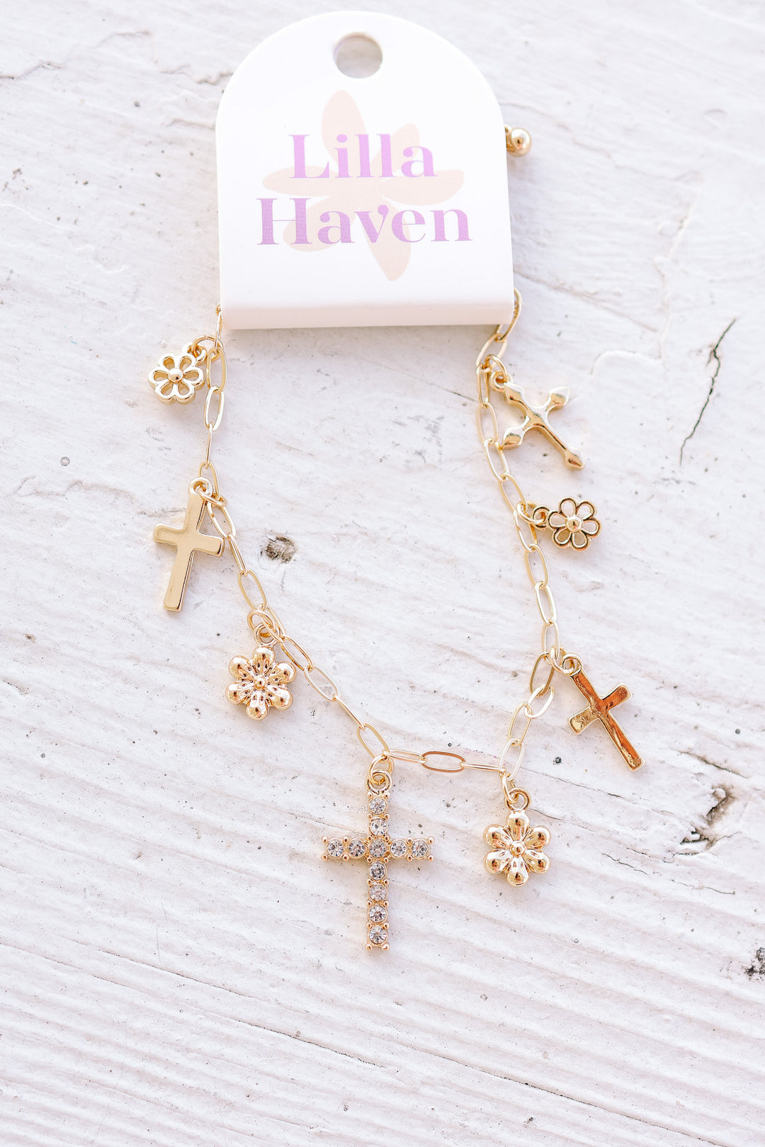 Cross and Floral Pendants Charm Bracelet