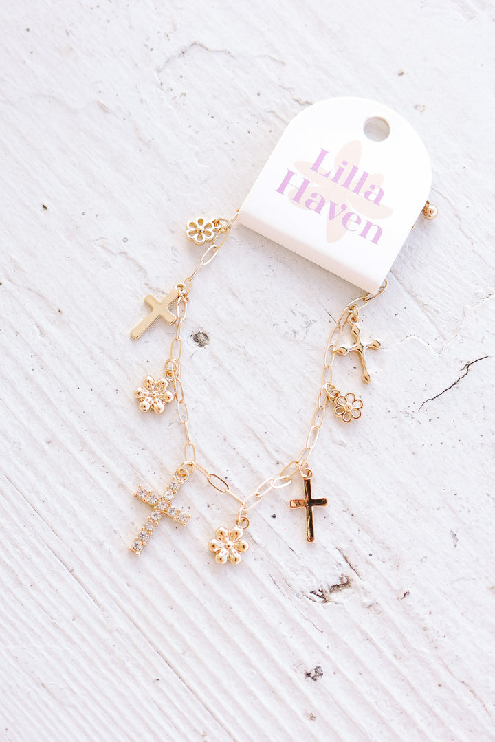 Cross and Floral Pendants Charm Bracelet