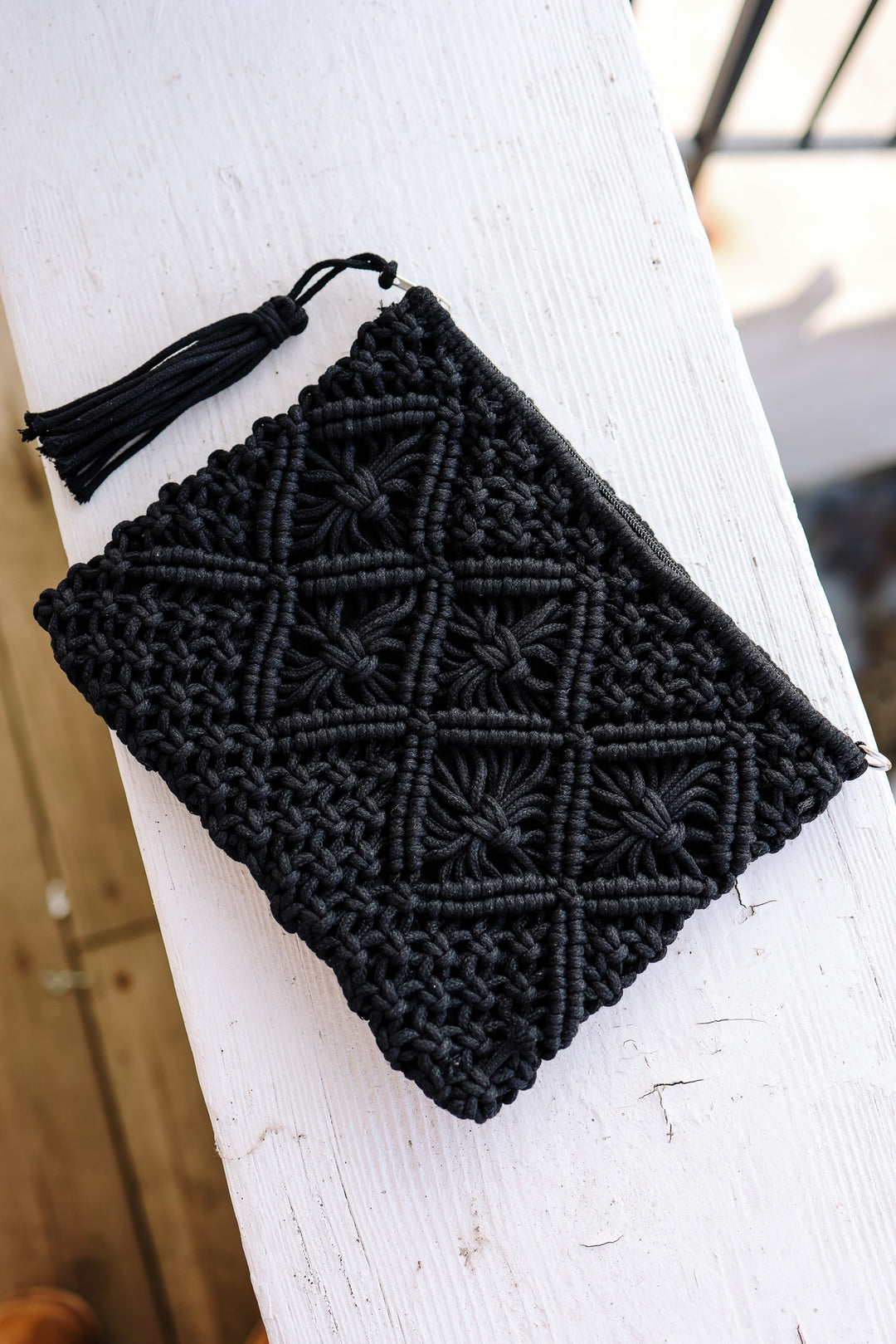 Woven Bohemian Tassel Crochet Clutch - Black