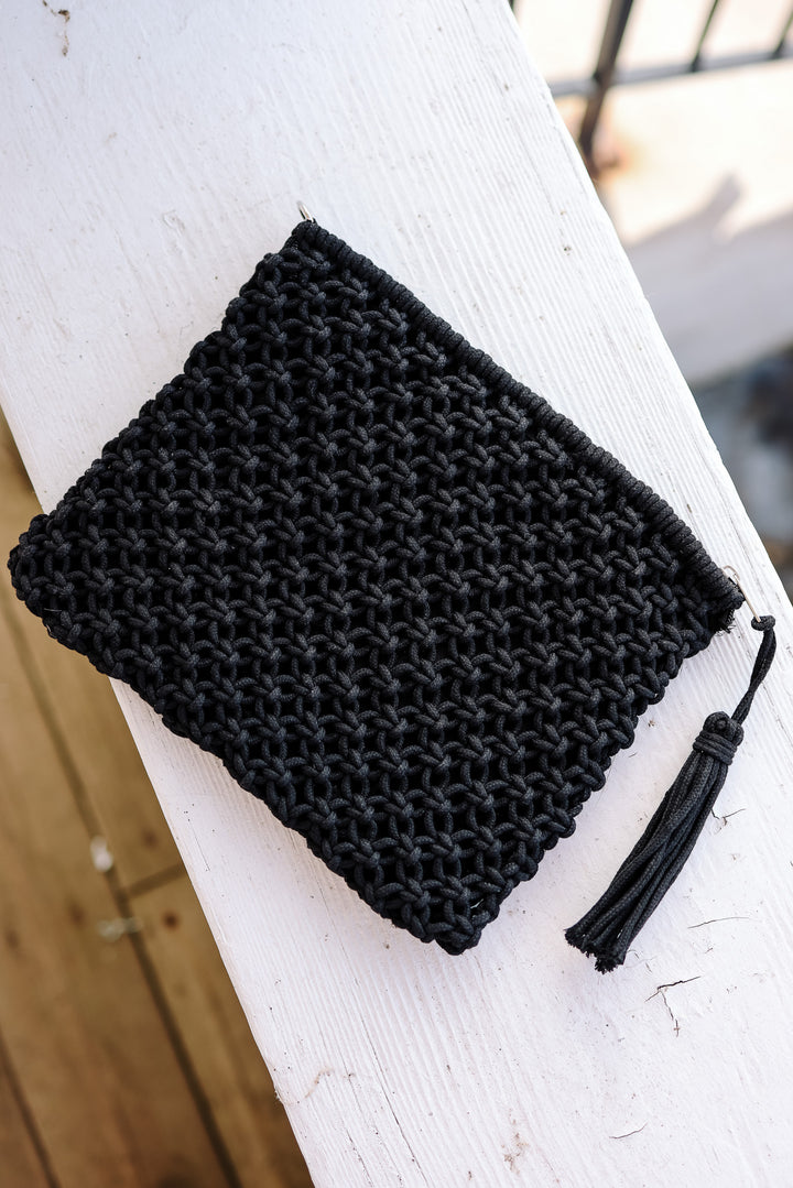 Woven Bohemian Tassel Crochet Clutch - Black