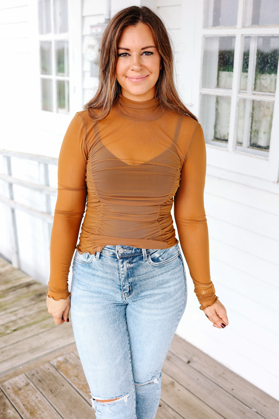 Lana Ruched Mesh Top - Caramel