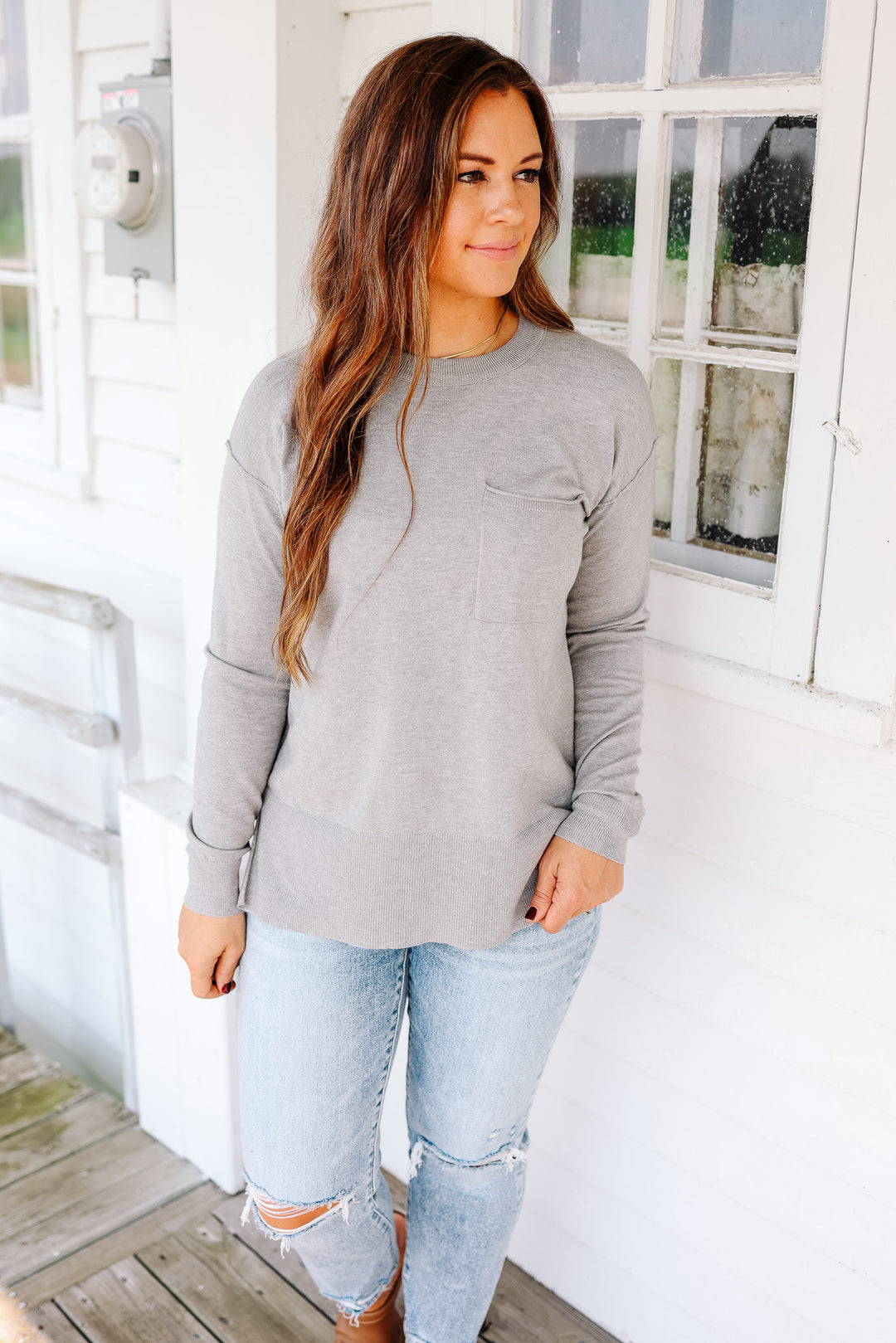 Vivian Side Split Sweater - Heather Grey