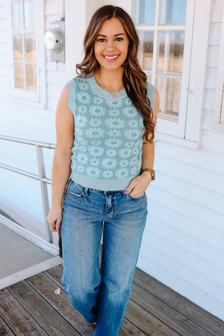 Quinn Floral Sweater Tank Top - Seafoam