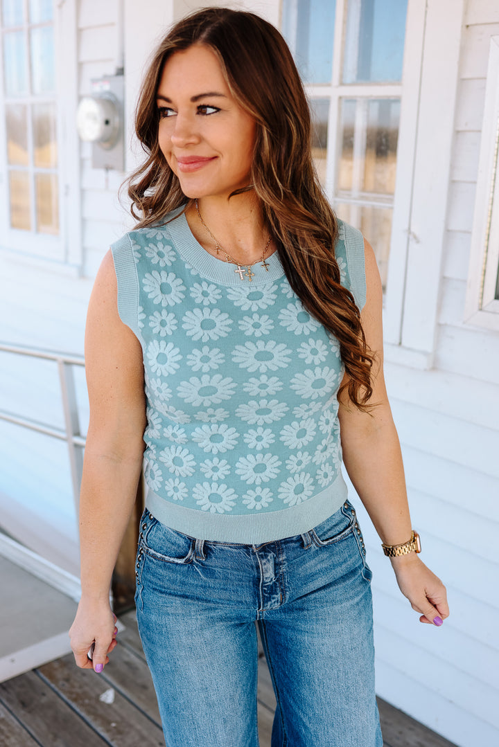 Quinn Floral Sweater Tank Top - Seafoam