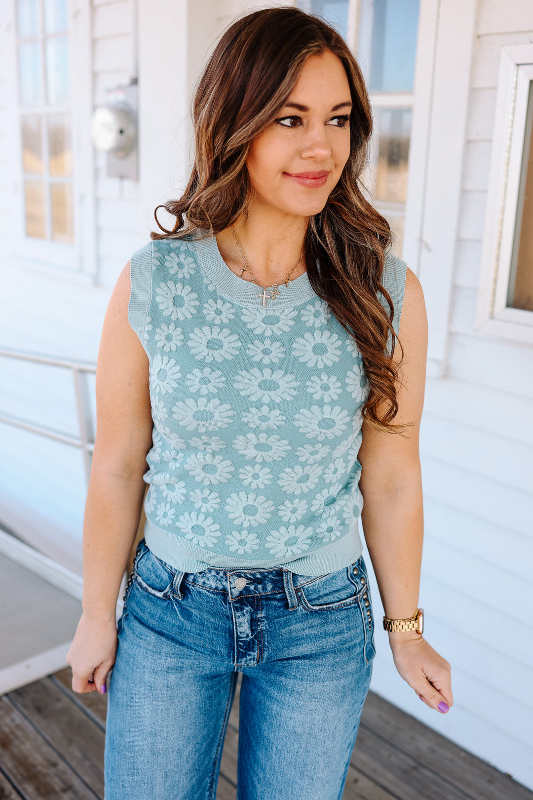 Quinn Floral Sweater Tank Top - Seafoam