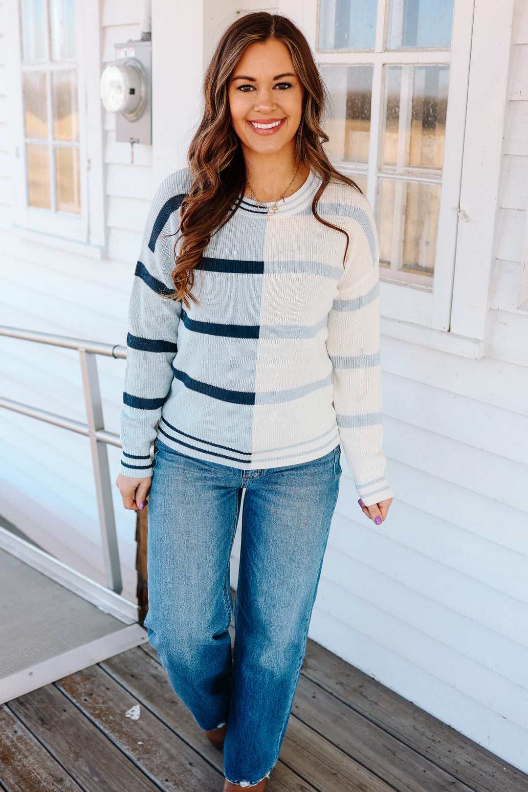 Vale Colorblock Stripe Sweater - Blue/White