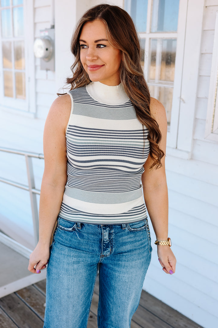 Tia Stripe Turtleneck Tank - Navy