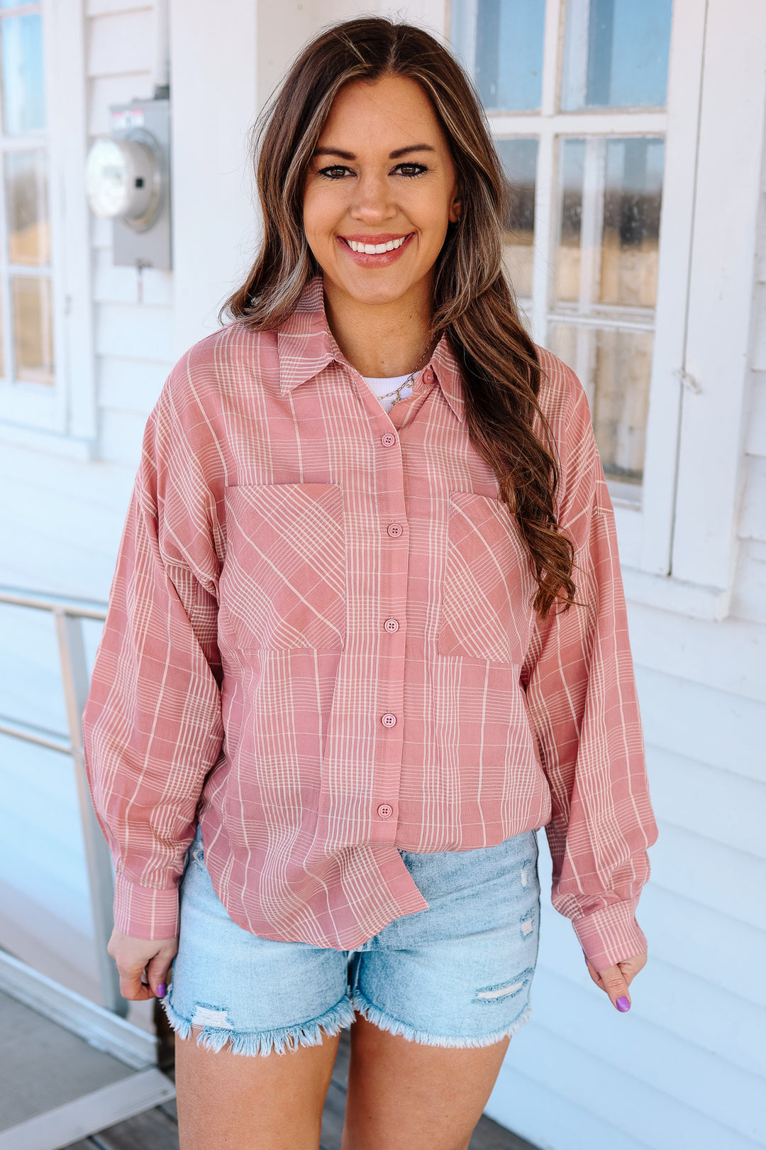 Alix Plaid Button Down - Rose