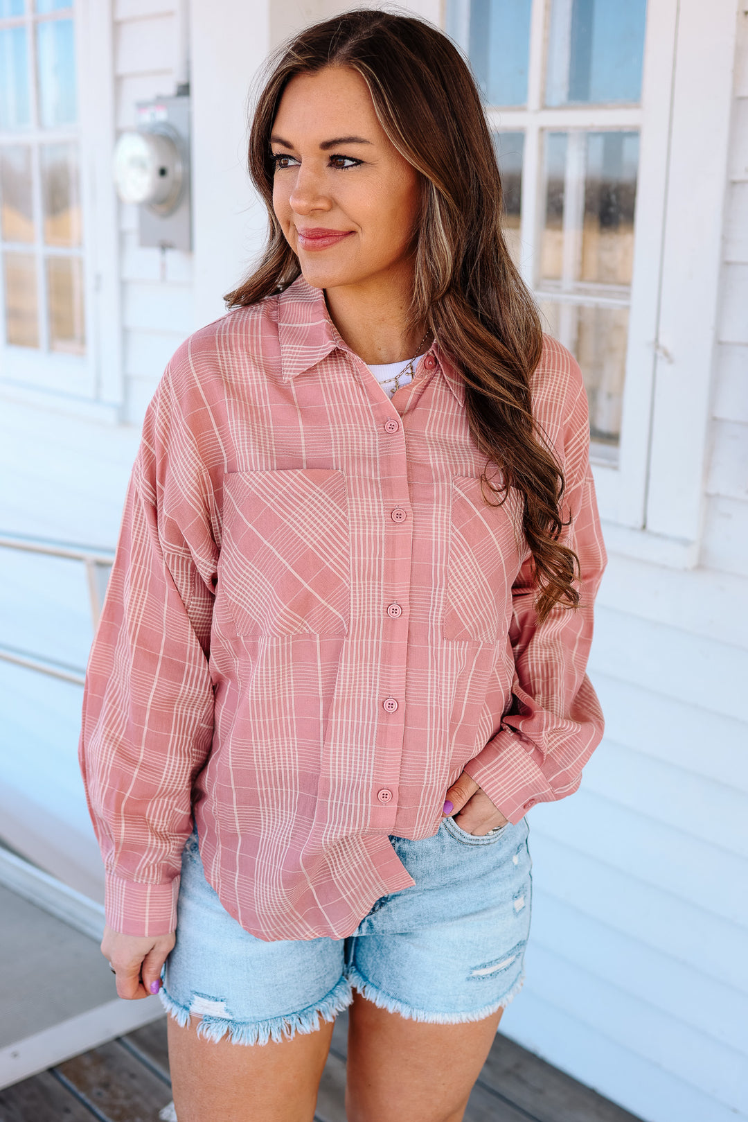 Alix Plaid Button Down - Rose