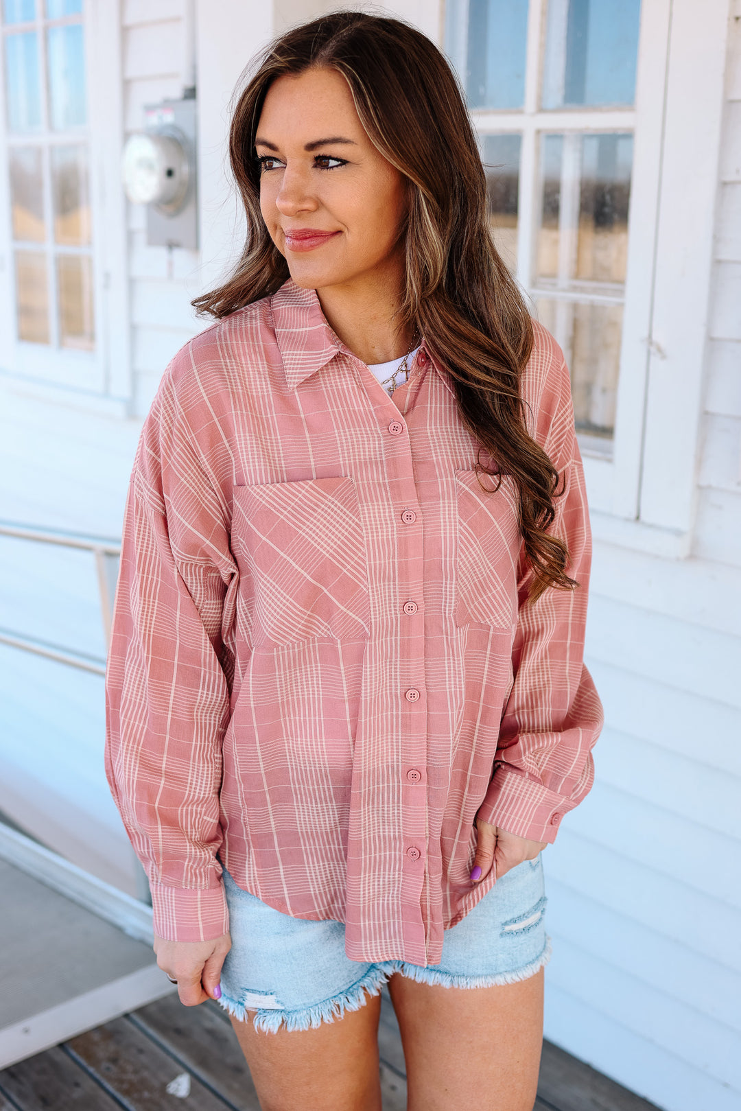 Alix Plaid Button Down - Rose