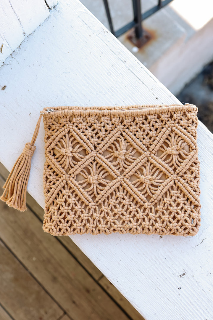 Woven Bohemian Tassel Crochet Clutch - Camel