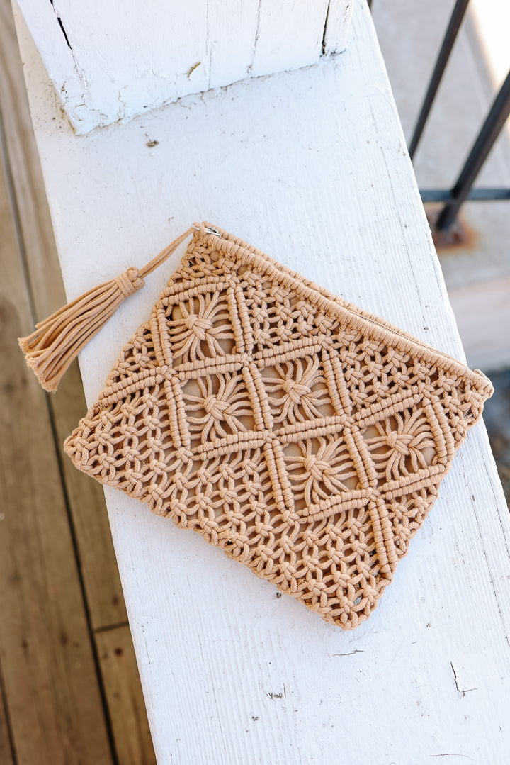 Woven Bohemian Tassel Crochet Clutch - Camel